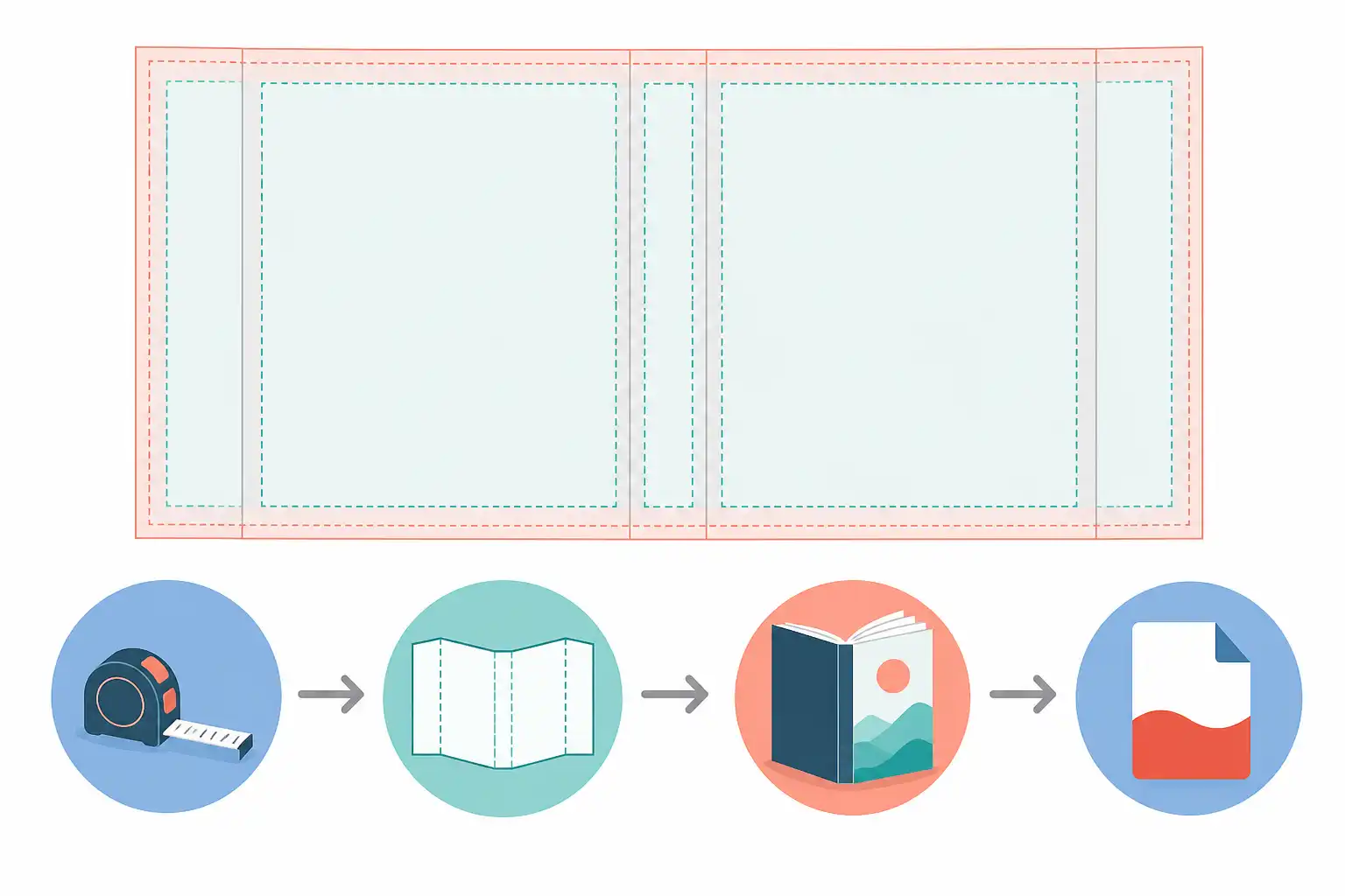 Infografik zu Amazon-KDP-Taschenbuchcover in InDesign erstellen: Rückenbreite, Beschnitt und PDF-Export (KI-generiert)