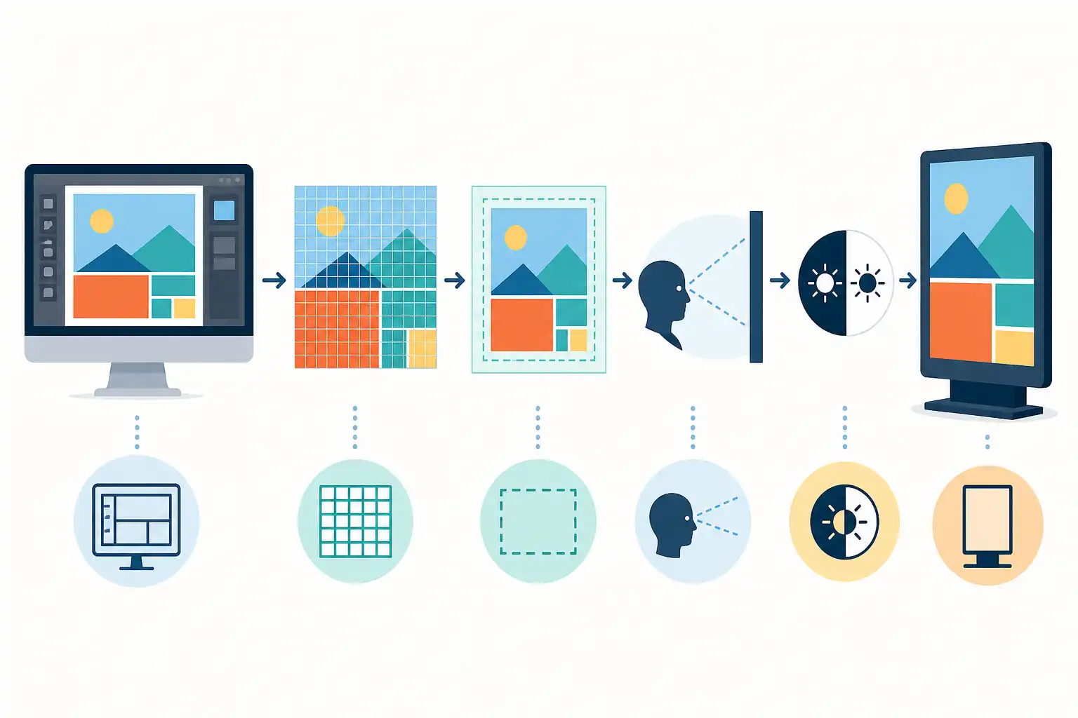 Infografik zu Digital Signage mit InDesign erstellen: Formate, Lesbarkeit und Export für Displays (KI-generiert)