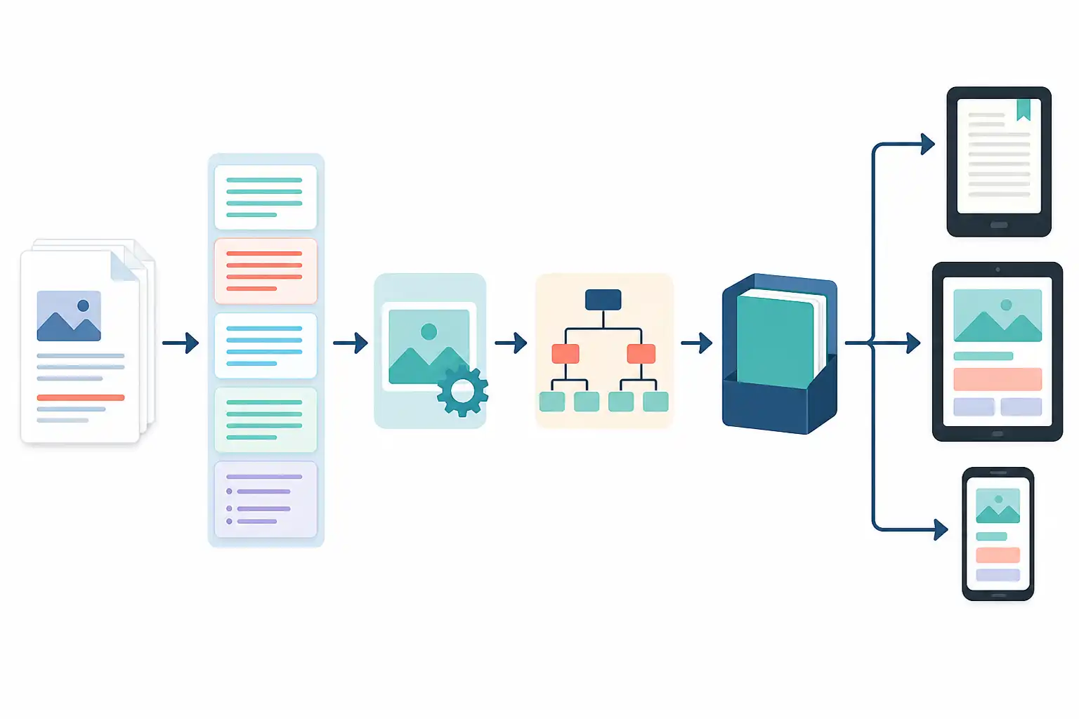 Infografik zu EPUB aus InDesign erstellen: Reflowable E-Books für Tolino, Apple Books und mehr exportieren (KI-generiert)