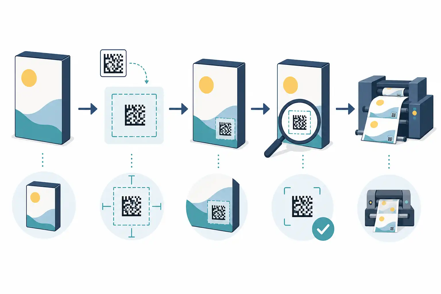 Infografik zu GS1 DataMatrix für Verpackungen in InDesign platzieren: drucksicher für die 2D-Barcode-Umstellung (KI-generiert)